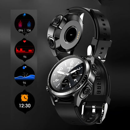 Black smart watch with health monitoring on a silicone strap, showing a blood pressure reading on its 1.28-inch screen.