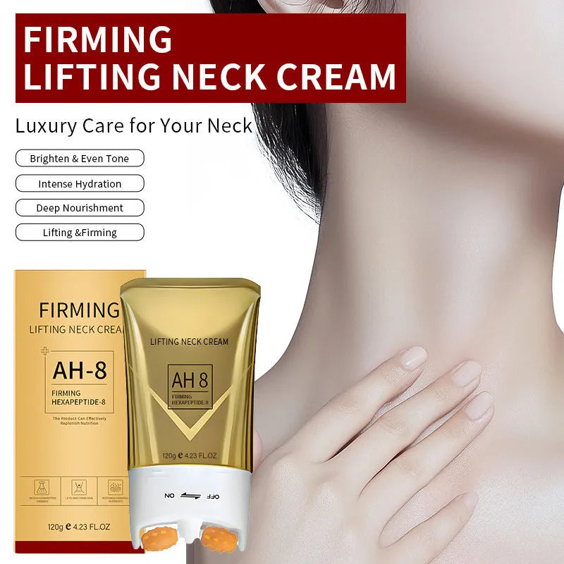 Neck cream moisturiser with firming formula and built-in massage roller applicator for targeted application, 120g jar with 8.8 x 3.5 x 16.5cm packaging, designed specifically for neck area skincare and wrinkle reduction.