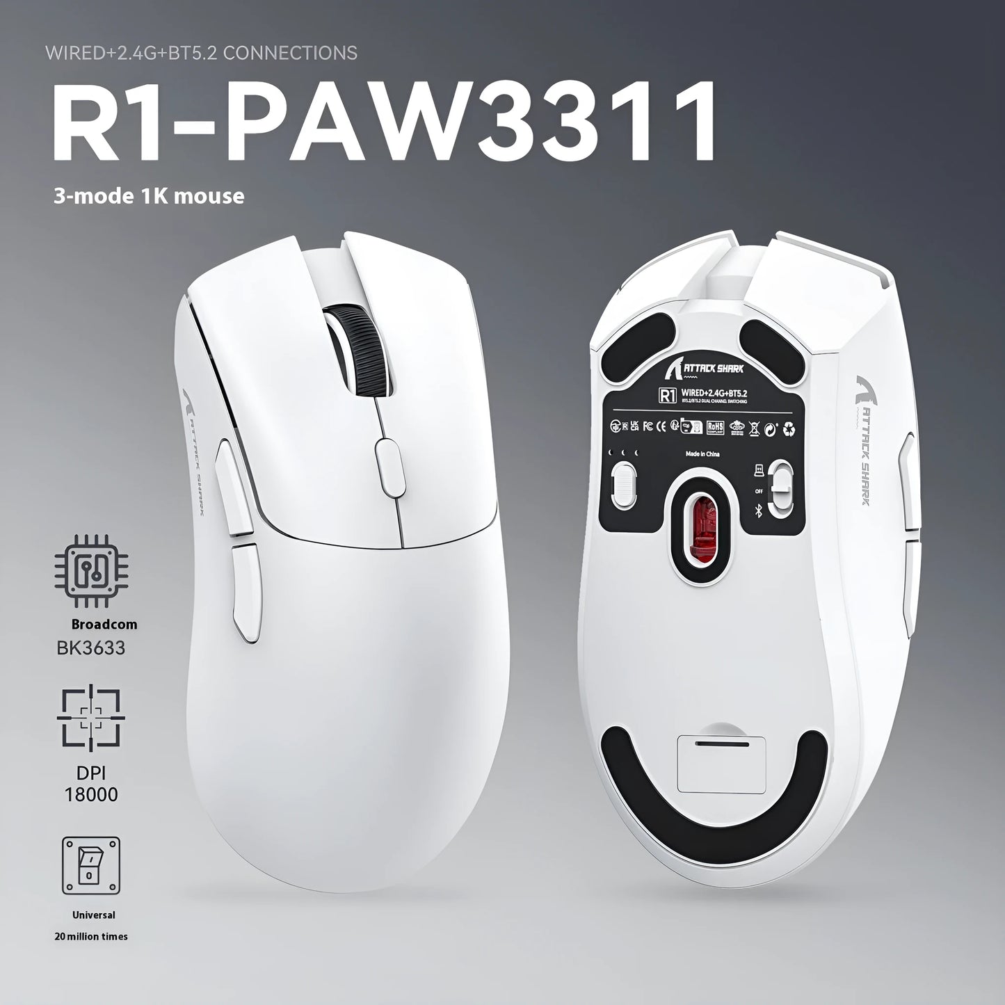 Attack Shark wireless Bluetooth mouse in black, white, or red colour options