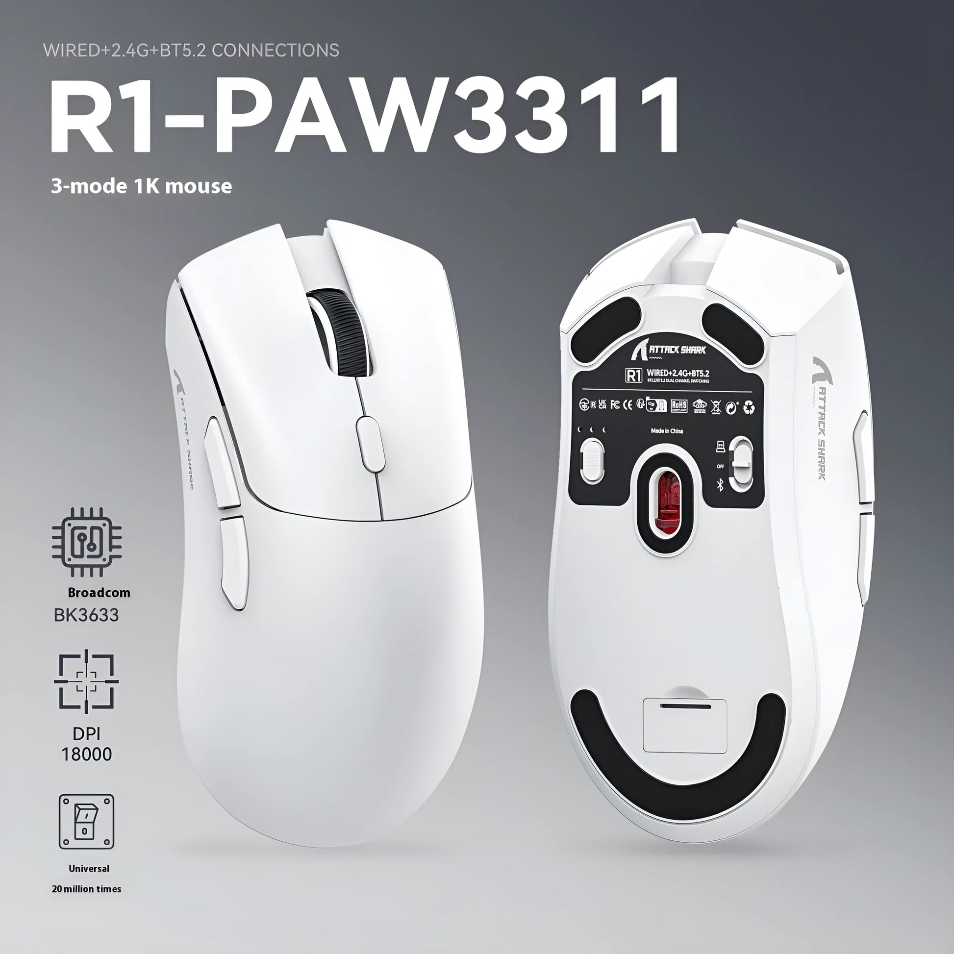 Attack Shark wireless Bluetooth mouse in black, white, or red colour options