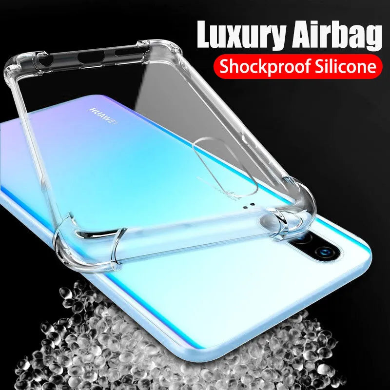 Transparent clear TPU phone case with airbag anti-fall protection on a Huawei P40 Pro smartphone.