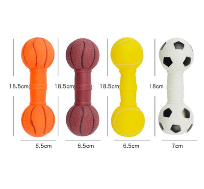 Non-toxic PVC football dumbbell shaped squeaky dog chew toy in brown, orange, white, or yellow.