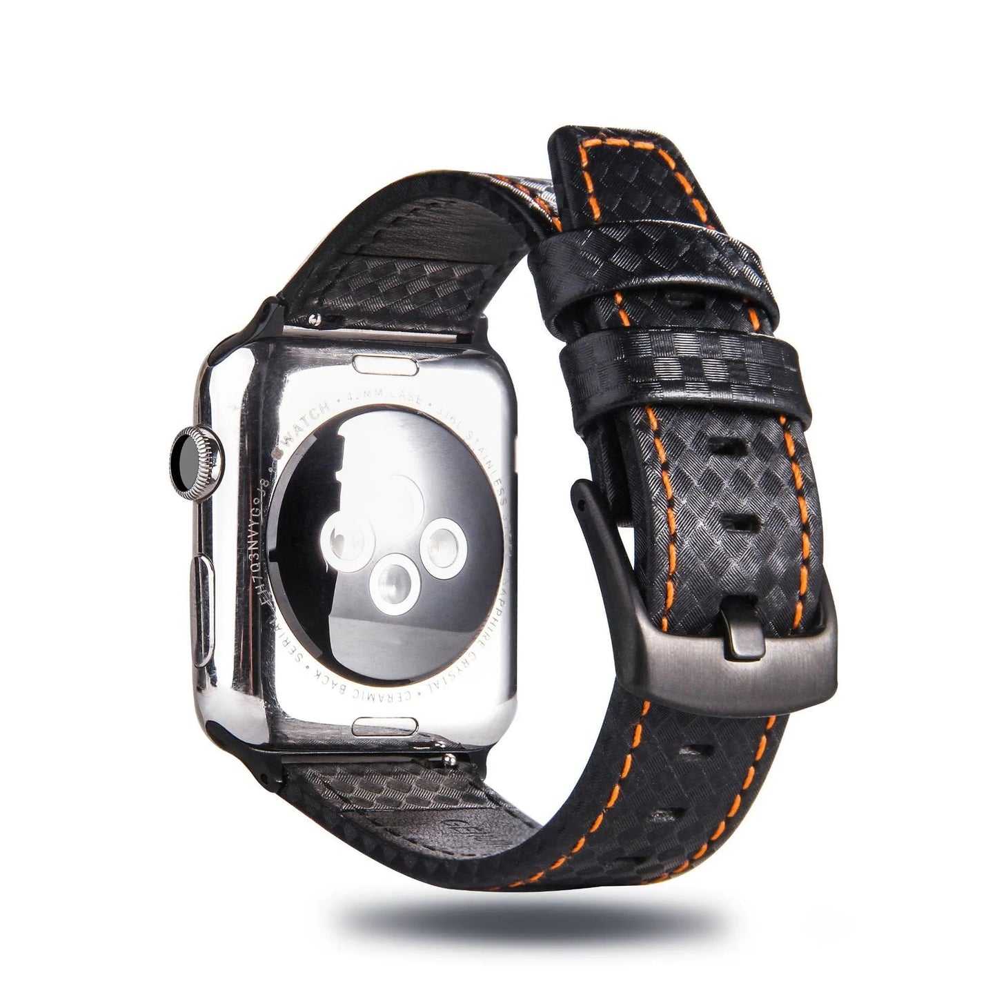 Leather Apple Watch strap with carbon fibre pattern case in red, black, orange, and blue colour options.