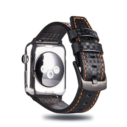 Leather Apple Watch strap with carbon fibre pattern case in red, black, orange, and blue colour options.