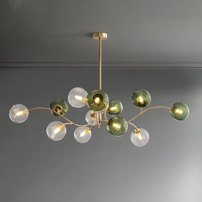 Modern Nordic-style chandelier with multiple green glass shades hanging at different heights.