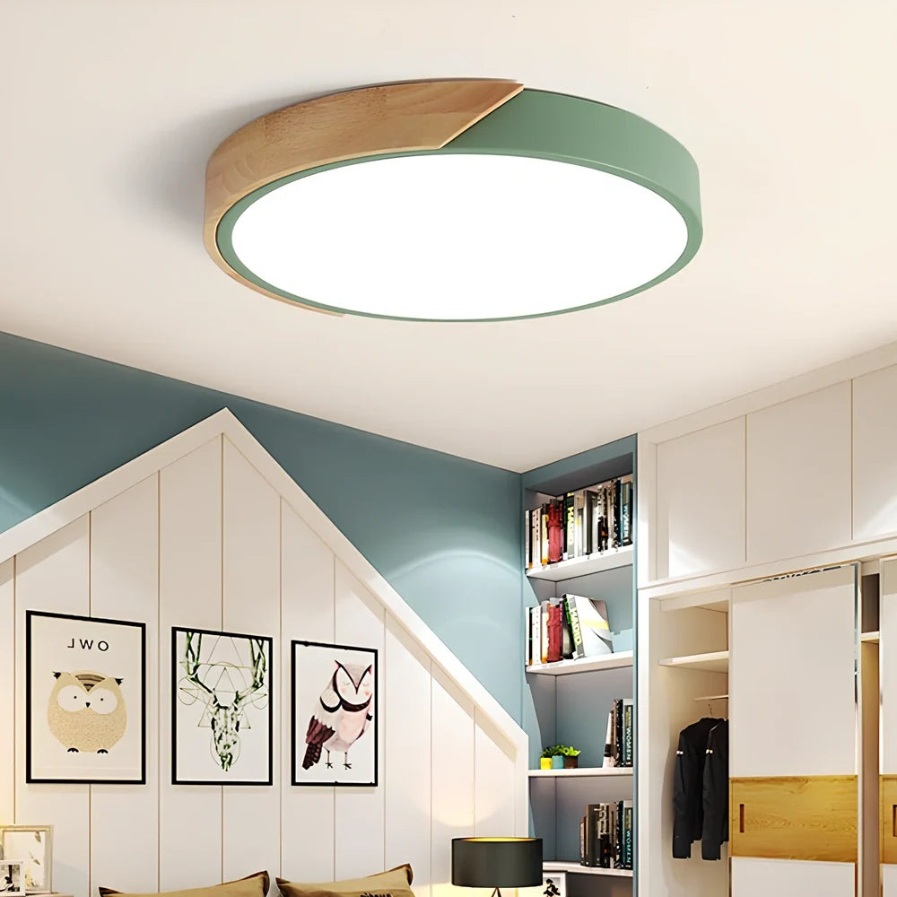 30cm round LED ceiling light with remote control showing three colour options