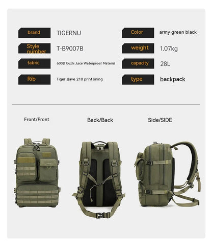 Army green tactical backpack with 17-inch frame and multiple compartments for outdoor use.