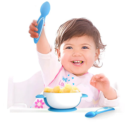 Blue and red six-piece baby tableware set in antibacterial polymer, bowl 12cm, suitable 3 months+