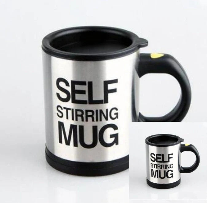 Self-stirring magnetic mug in stainless steel with food-grade PP plastic lid