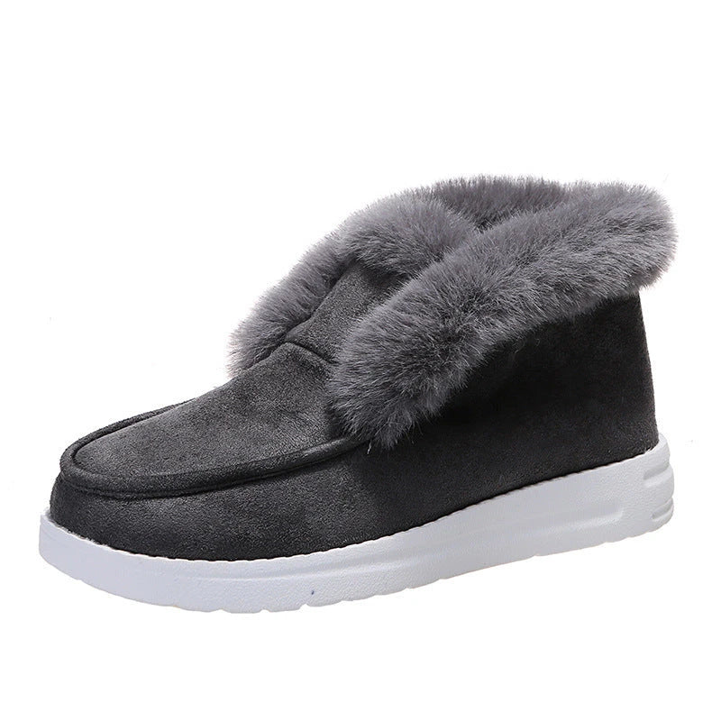 Cozy Winter Ankle Boots for Women in Black, Grey, and Brown colors with plush fur lining and low-heel design