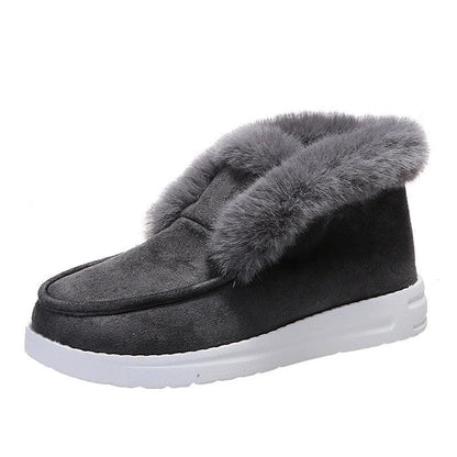 Cozy Winter Ankle Boots for Women in Black, Grey, and Brown colors with plush fur lining and low-heel design