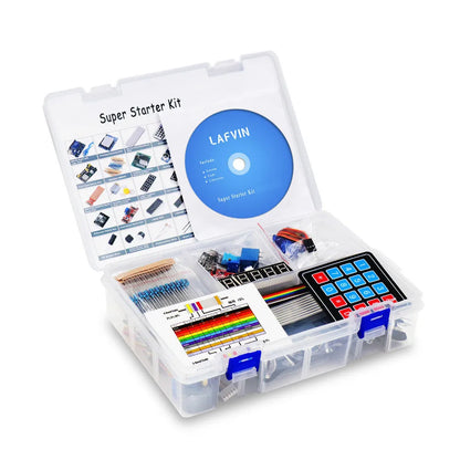 LAFVIN Arduino UNO R3 Super Starter Kit with blue board, components, breadboard, and CD.