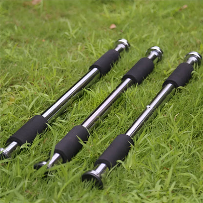 Adjustable steel pull-up bar extended to show 62-100cm length range for doorway or wall mounting