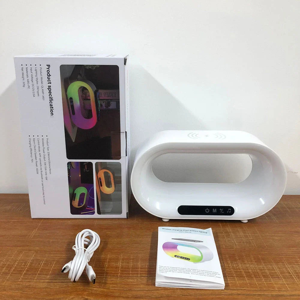 Multifunctional wireless charging desk lamp with dimmable RGB LED lighting, alarm clock, and fast wireless charging pad