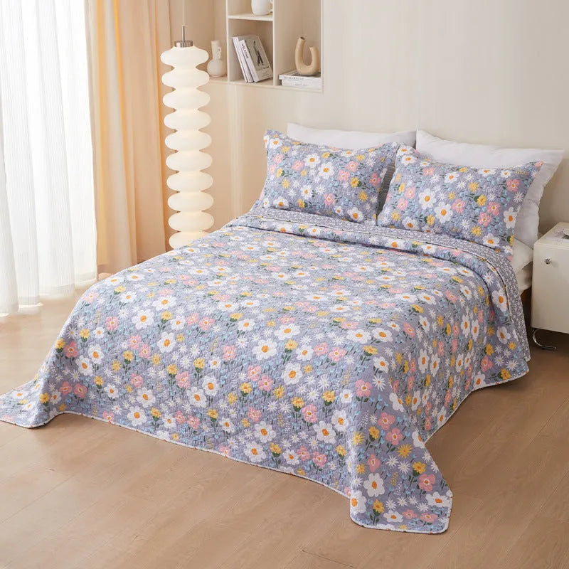 Pure cotton twill quilted bedspread three piece set with reactive printed floral pattern