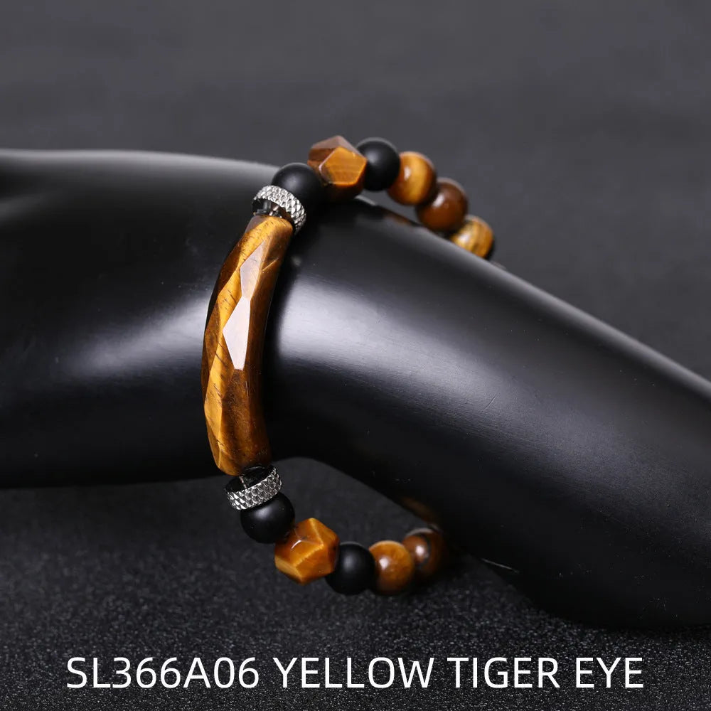 Handmade diamond-shaped cut black agate geometric bracelet showing fan-shaped bead arrangement.