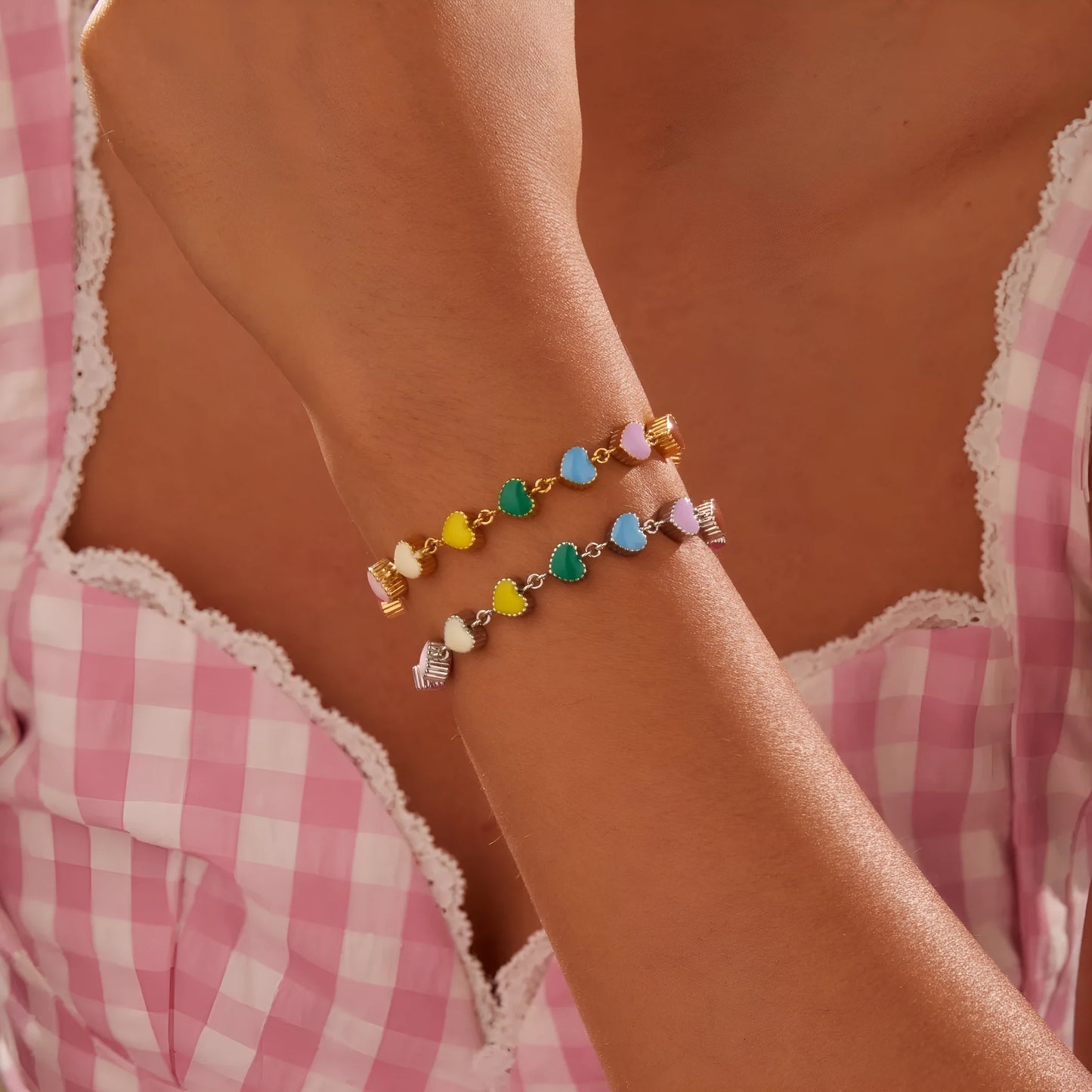 Women's love heart-shaped titanium steel bracelet necklace with colourful oil design and gold electroplating