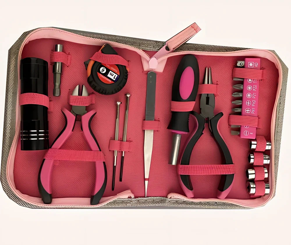 23-piece home repair tool kit in black case with chromium vanadium steel pliers, sockets, flashlight, and screwdrivers, dimensions 173x125x38 mm, 0.5 kg weight
