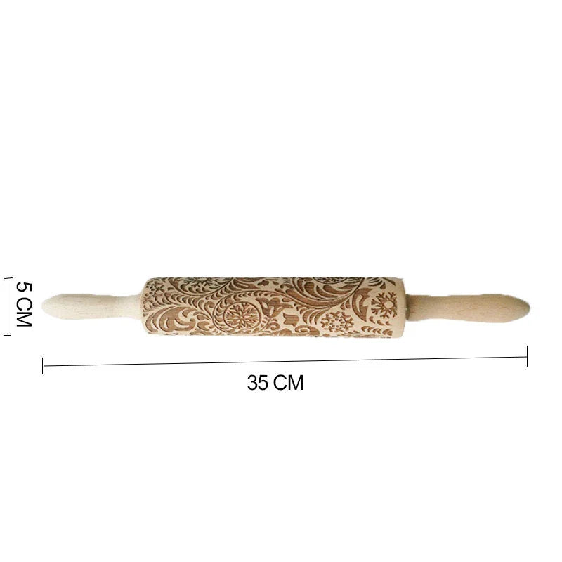 Festive rolling pin with embossed Christmas designs for easy imprinting on dough