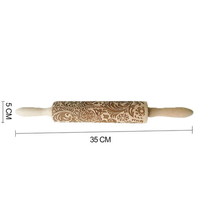 Festive rolling pin with embossed Christmas designs for easy imprinting on dough