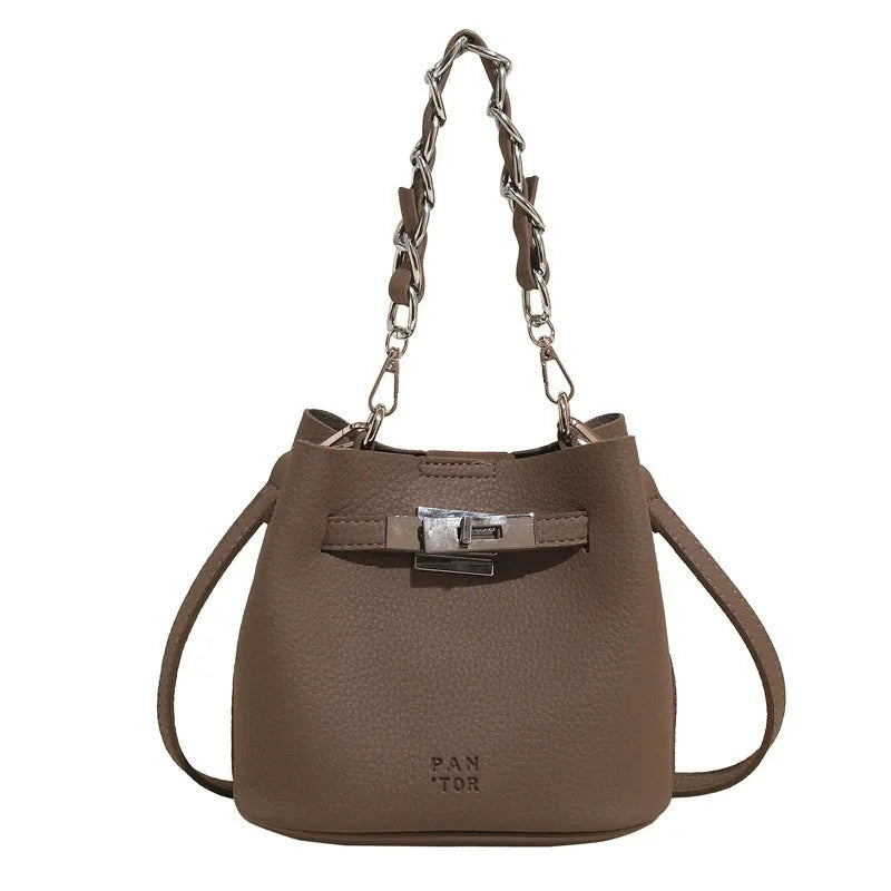 Retro soft PU leather shoulder bucket bag in black with internal organiser compartments