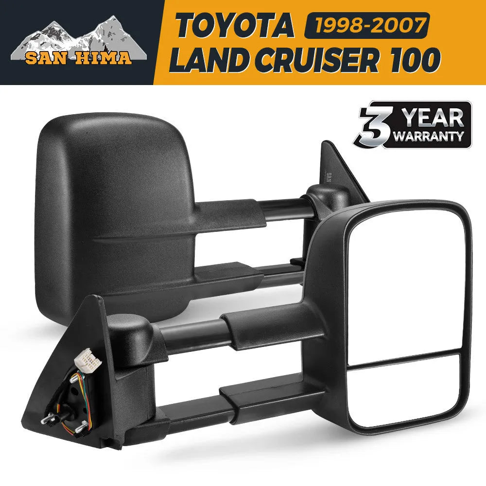 Black plastic foldable side mirror pair for Toyota Land Cruiser 100 1998-2007 models.