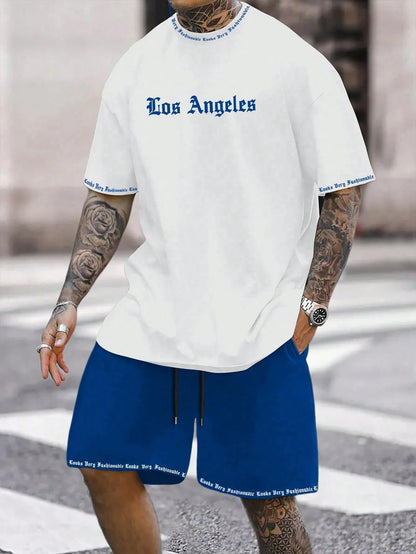Man wearing a printed short-sleeve sports top and matching shorts in a quick-dry polyester blend.