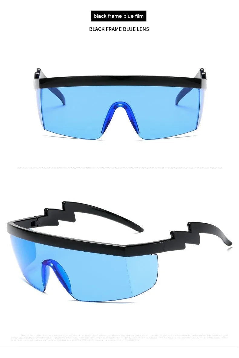 Black one-piece cycling sunglasses with blue polycarbonate lenses and lightning leg temples on a grey background.