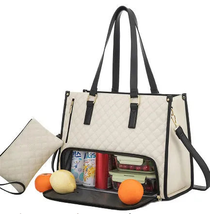 Women's quilted insulated lunch tote bag with laptop compartment and matching wallet in seven colour options