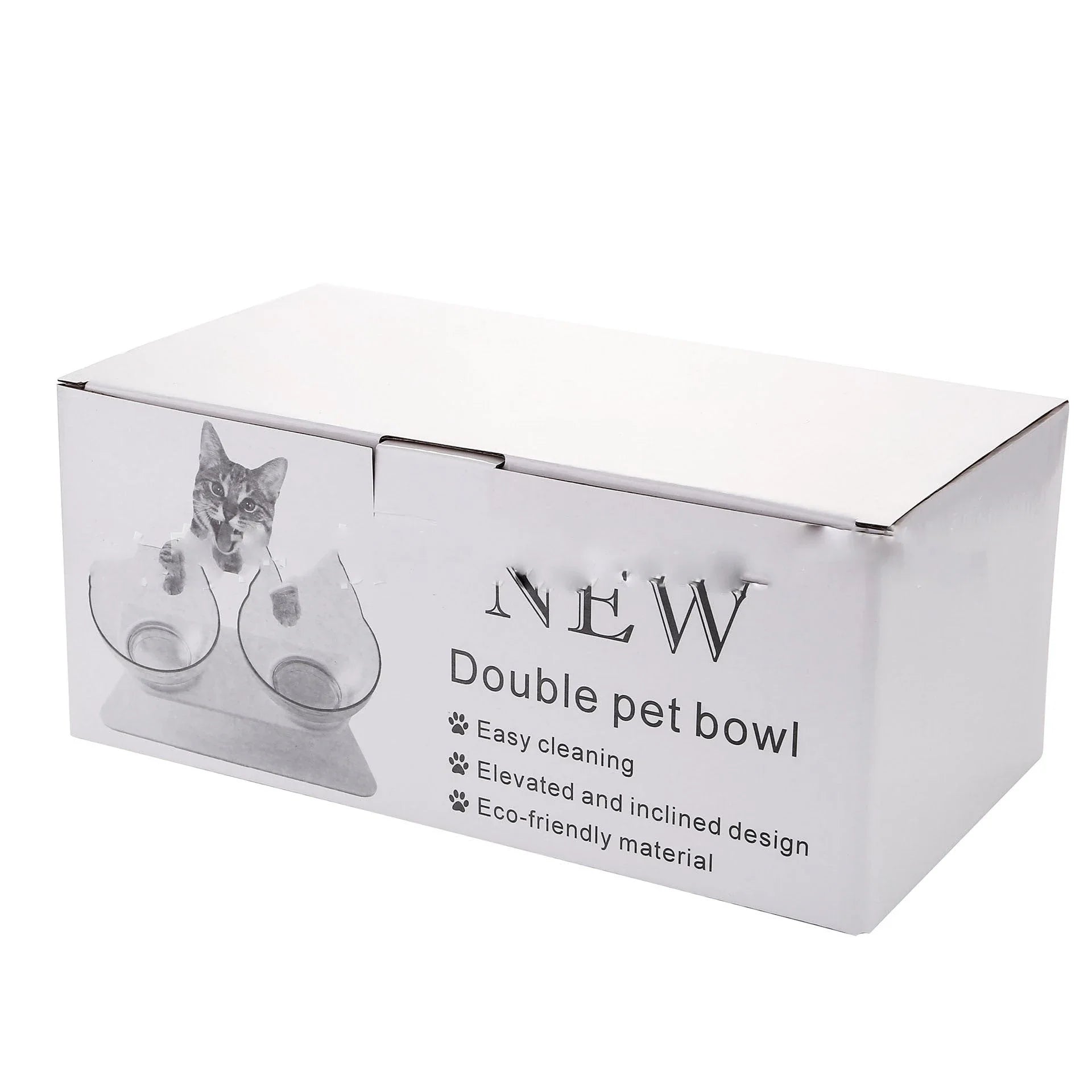 Tilted cat and dog bowls with raised stand, designed to reduce neck strain and protect cervical vertebrae.