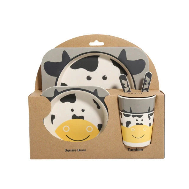 Stylish bamboo fibre children's tableware set with playful animal designs