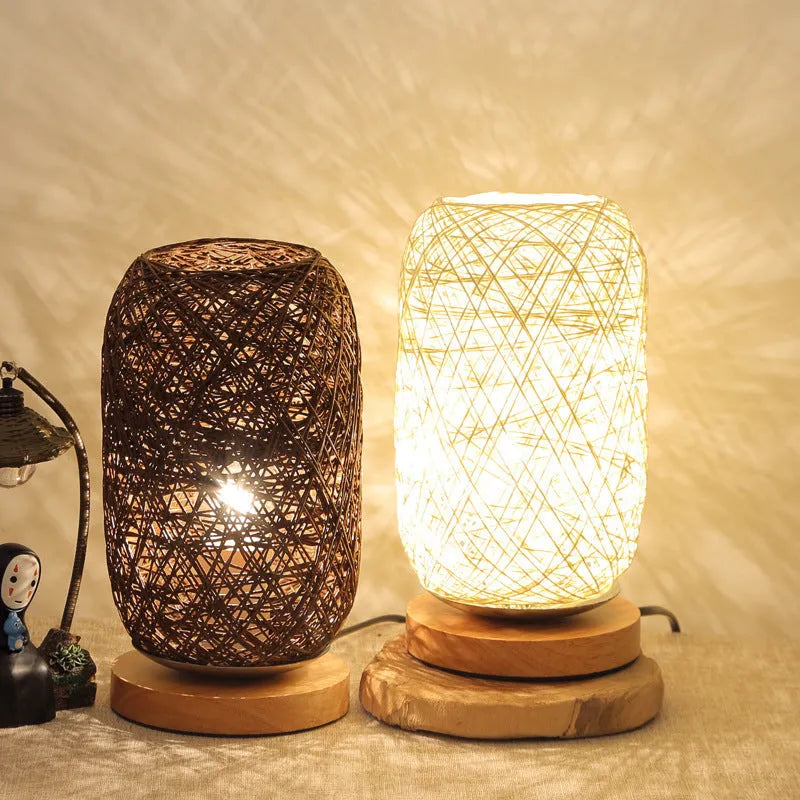 Twine Sepak Takraw desk lamp with hemp rope shade and solid wood base