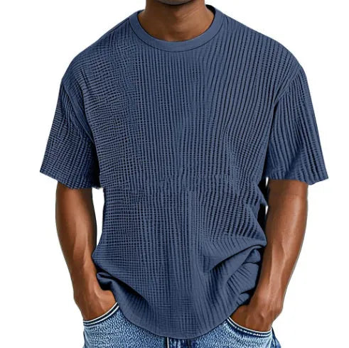 Cotton blend waffle texture short sleeve casual pullover shirt in multiple colour options