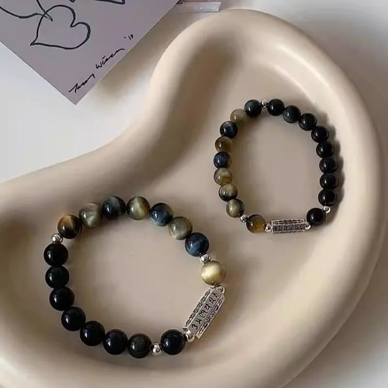 Tigereye Obsidian S925 sterling silver bracelet with Six Words Mantra couple design and round obsidian beads