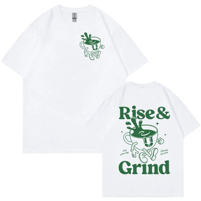 Men's loose grey linen t-shirt with a printed green coffee cartoon and 'Rise and Grind' text.