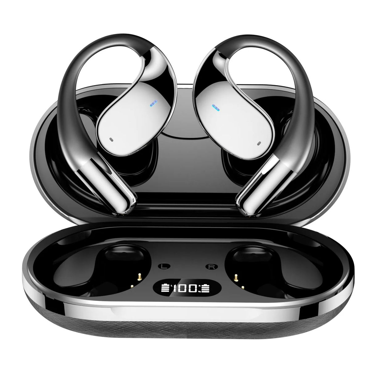 Beige and black sports Bluetooth earphones with a hanging ear design, shown with a digital display.