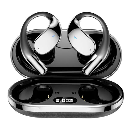 Beige and black sports Bluetooth earphones with a hanging ear design, shown with a digital display.