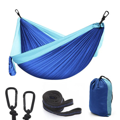 Double camping parachute hammock in colour options including black brown, black red, blue, and orange