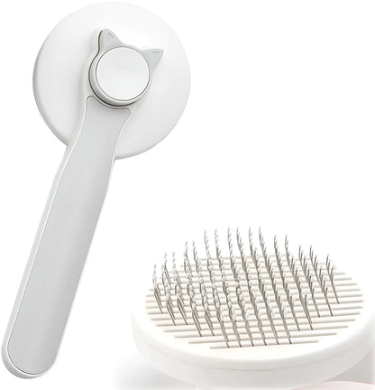 Blue self-cleaning cat brush with rubber-tipped pins and non-slip handle for grooming pets
