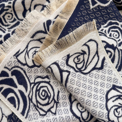 Cashmere-like winter scarf in grey, black, blue, or khaki with tassel details, shown flat to display its 185x65cm size.