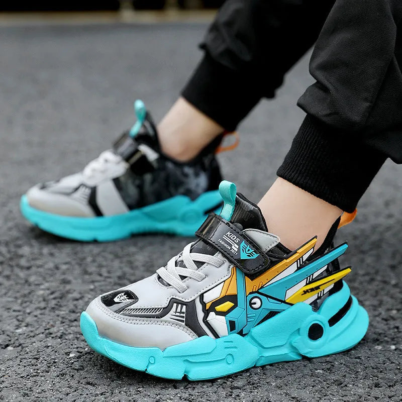 Children's artificial leather running shoes with Velcro closure and rubber soles in three colour options