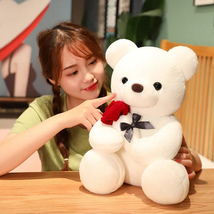 Rose bear plush stuffed animal pillow in beige, brown, or grey colours with soft short plush material
