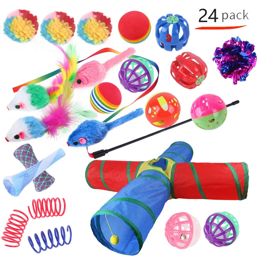 Plastic cat toy set with coloured tunnel channels and a ball for interactive indoor play.