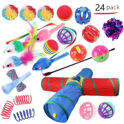 Plastic cat toy set with coloured tunnel channels and a ball for interactive indoor play.