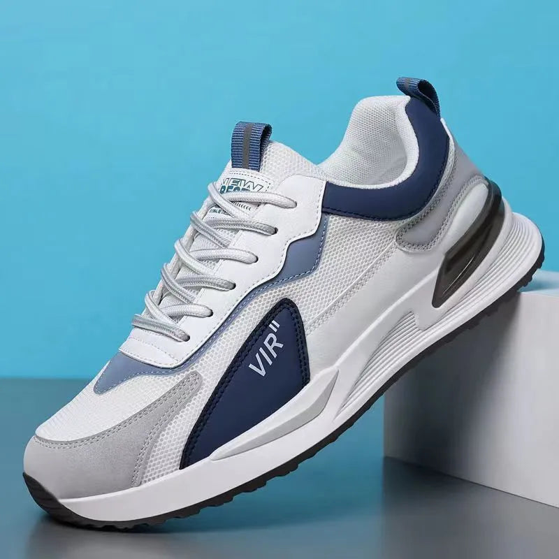 Men's colour block mesh sneakers in black, grey, and white with lace-up front and low-top design