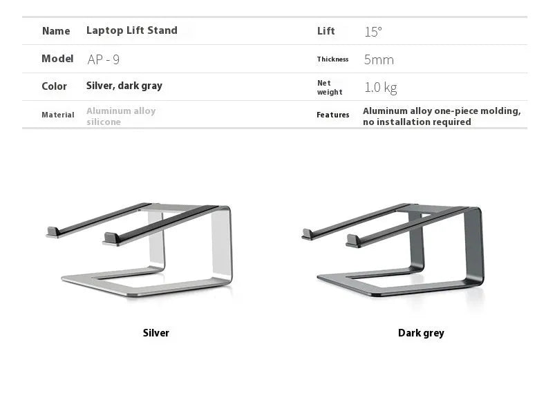 Black aluminium alloy laptop stand on a desk, showing its raised platform and open base design.