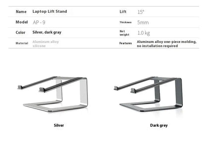 Black aluminium alloy laptop stand on a desk, showing its raised platform and open base design.