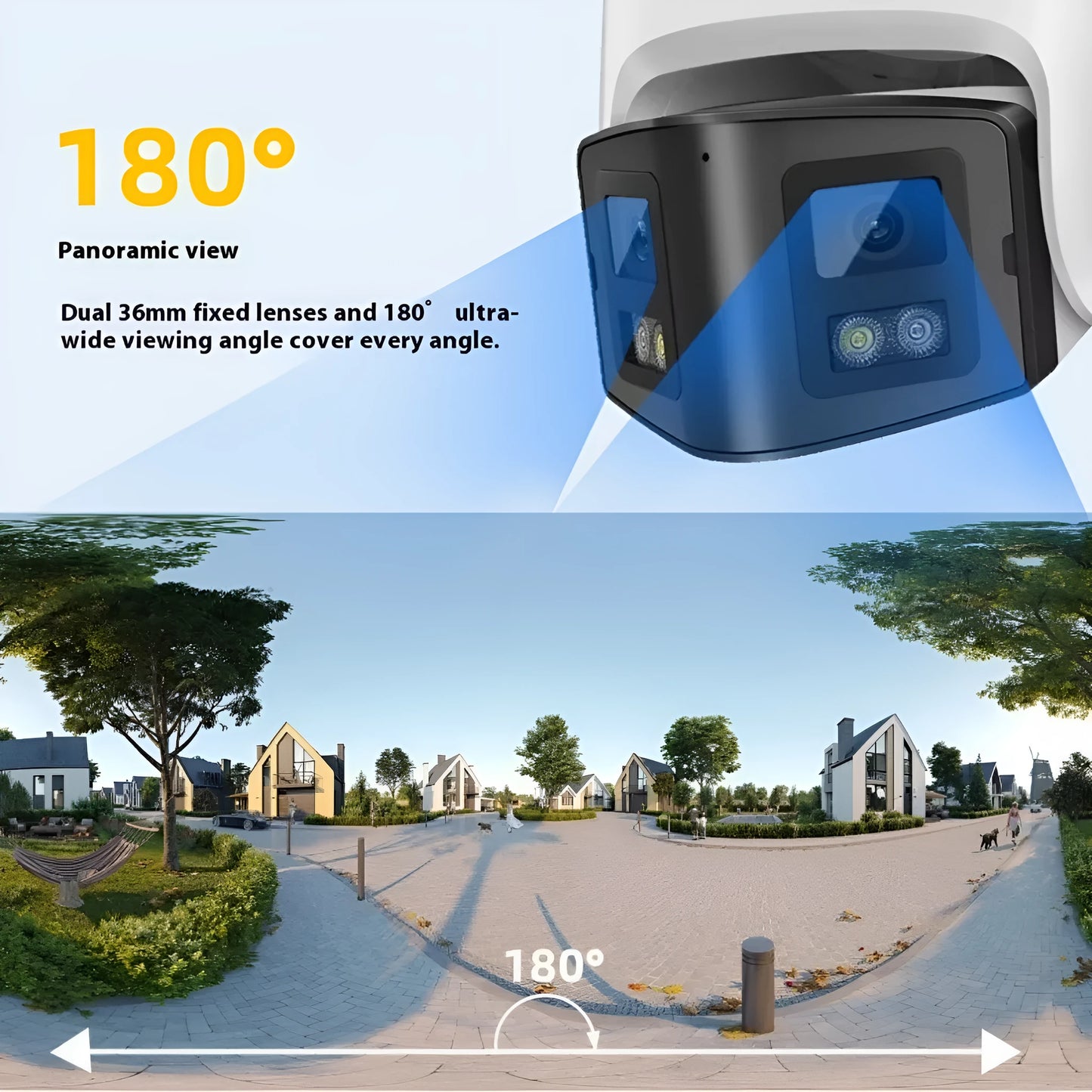4MP dual-lens IP security camera with panoramic viewing and IP66 waterproof rating