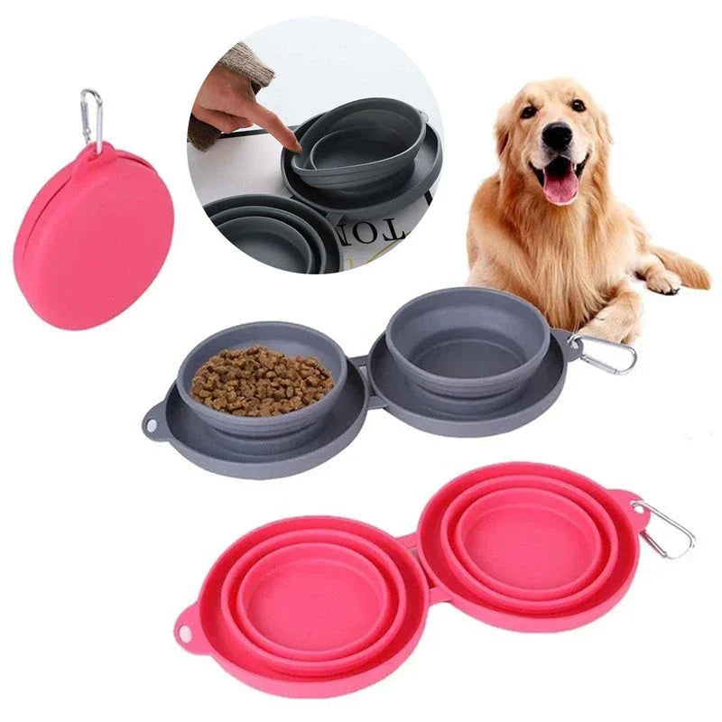 Spill-Proof Collapsible Pet Bowls for Dogs and Cats - Double-bowl Design with Non-Skid Silicone Mat
