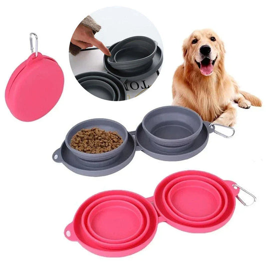 Spill-Proof Collapsible Pet Bowls for Dogs and Cats - Double-bowl Design with Non-Skid Silicone Mat